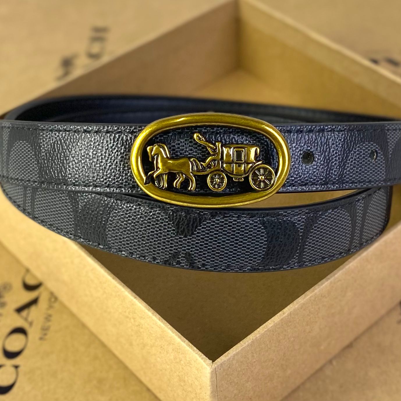 Dây Nịt Coach Signature Canvas Logo Horse And Carriage Plaque DS Black
